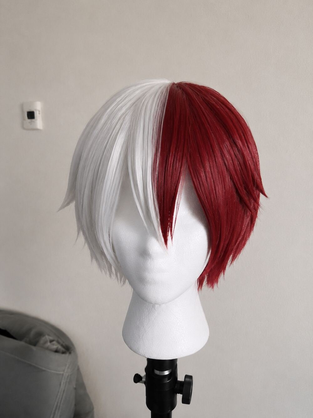 Close up of a high-quality dual-color split cosplay wig for Shoto Todoroki