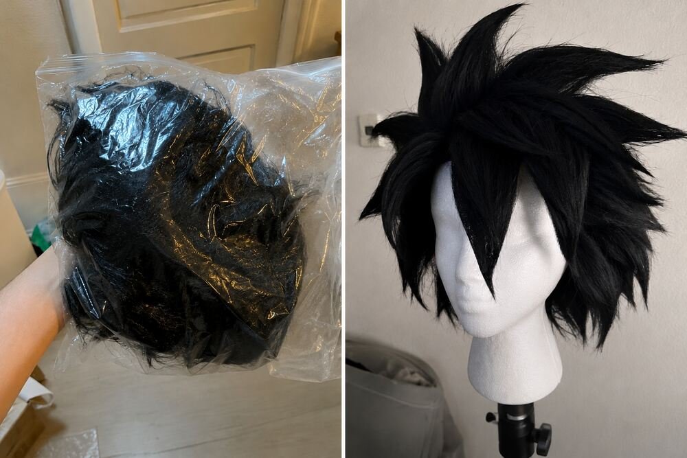 A comparison of a poorly packaged synthetic cosplay wig versus a professionally styled gravity-defying anime wig