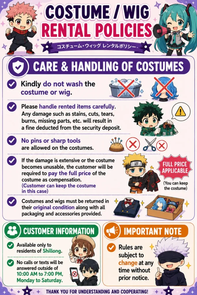 Costume and Wig Renting Policy 2 creative souls shillong costume rental policies care and handling
